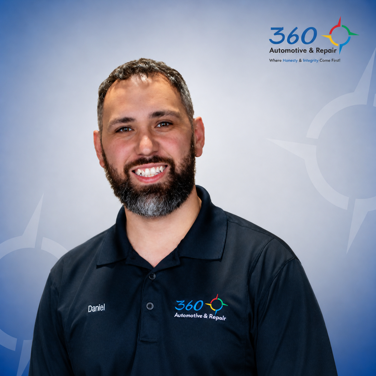 Daniel smiling in 360 Automotive & Repair polo shirt