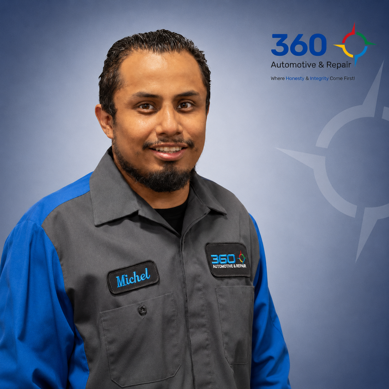 Michel, 360 Automotive & Repair technician, smiling in uniform