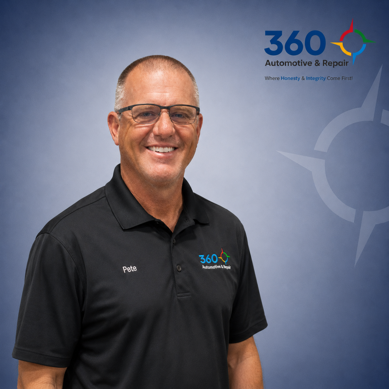 Pete smiling in 360 Automotive & Repair branded polo shirt