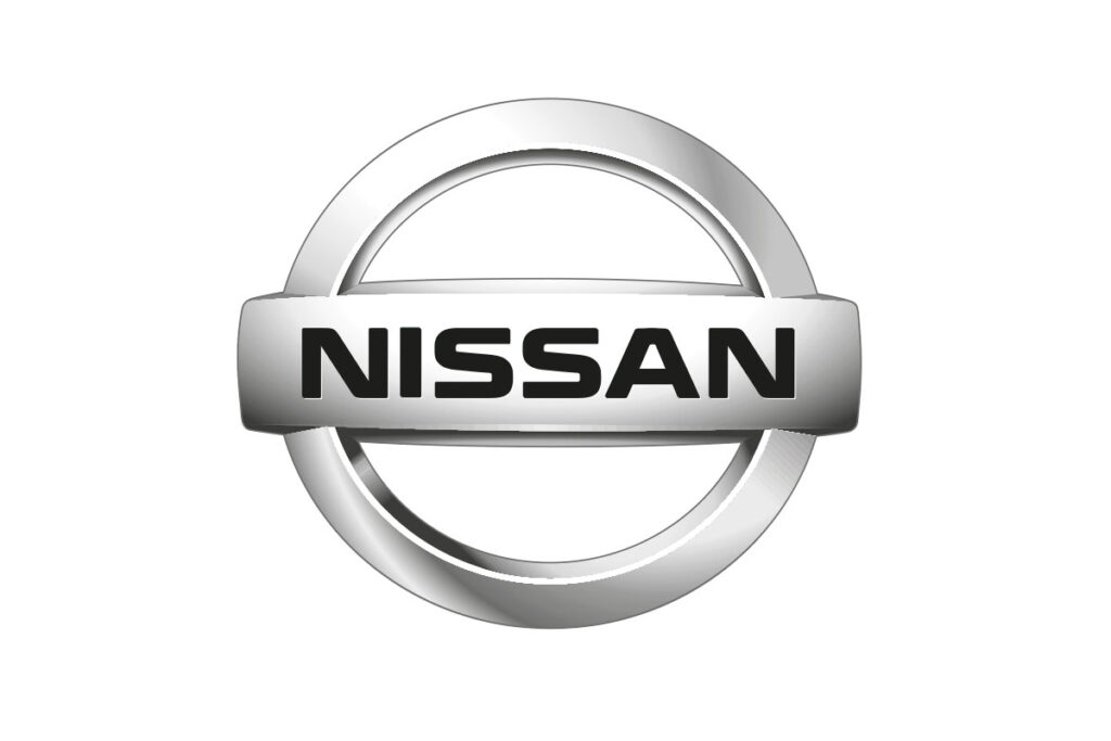 Nissan silver circular logo with black lettering